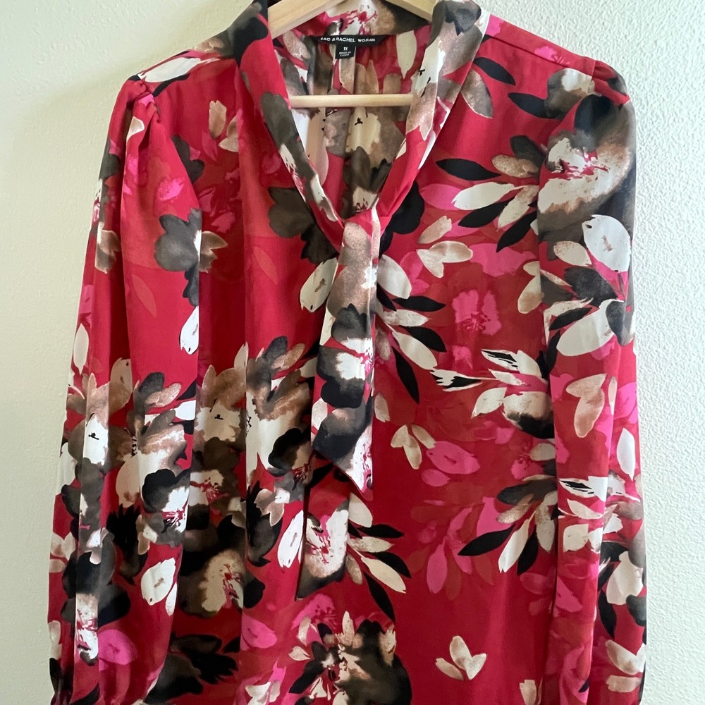 Zac & Rachel Woman Red‎ Floral Tie Neck Long Sleeve Blouse Plus Size 1X